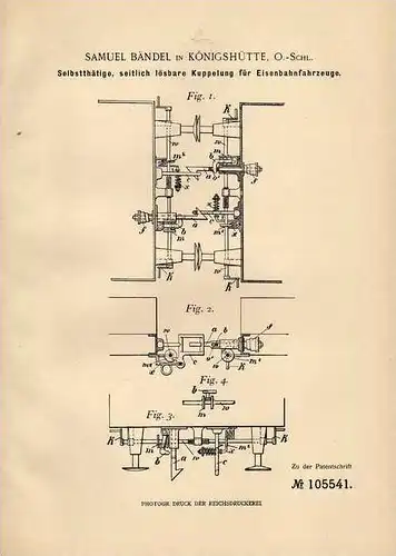 Original Patentschrift -S. Bändel in Königshütte O.-S., 1898 , Kupplung für Eisenbahn , Chorzów !!!