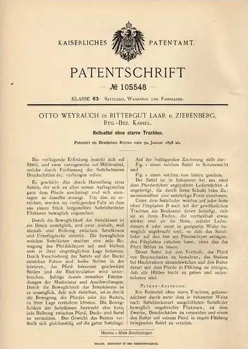 Original Patentschrift - O. Weyrauch in Rittergut Laar b. Zierenberg , Bez. Kassel , 1898, Reitsattel , Sattel , Pferd !