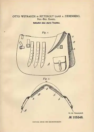 Original Patentschrift - O. Weyrauch in Rittergut Laar b. Zierenberg , Bez. Kassel , 1898, Reitsattel , Sattel , Pferd !