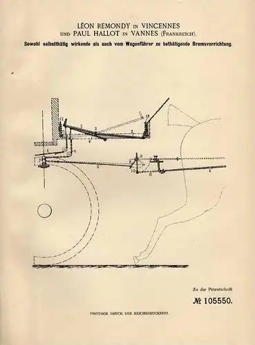 Original Patentschrift - P. Hallot in Vincennes und Vannes , 1898 , Bremse für Wagenführer , Kutsche !!!