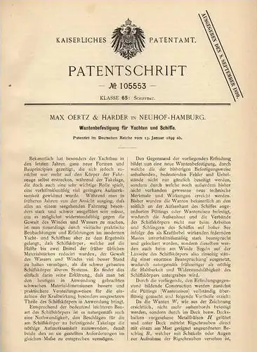 Original Patentschrift - M. Oertz & Harder in Neuhof - Hamburg , 1899 , Wantenbefestigung für Schiffe und Yacht !!!