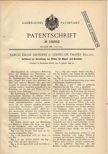 Original Patentschrift - S. Saunders in Goring on Thames , 1899 , Platten für Boote und Wagen !!!