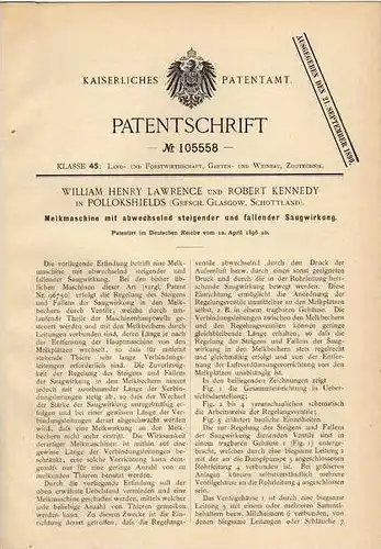 Original Patentschrift - R. Kennedy in Pollokshields , Schottland , 1896 , Melkmaschine , Molkerei , Milch , Melker !!!