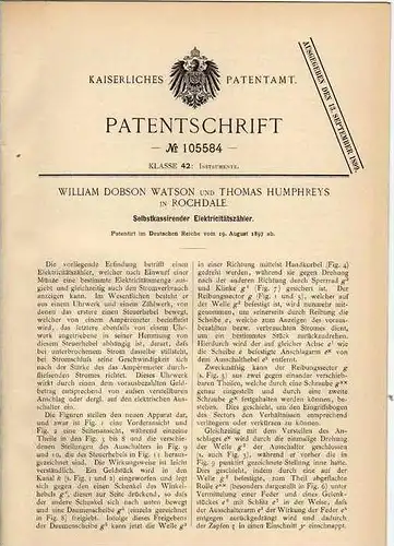 Original Patentschrift - W. Watson in Rochdale , 1897 , selbstkassierender Elektricitätszähler , Stromzähler !!!