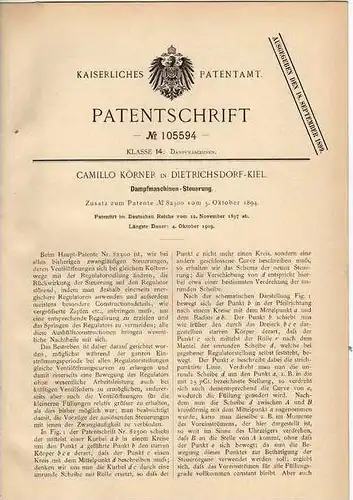 Original Patentschrift - C. Körner in Dietrichsdorf - Kiel , 1897 , Dampfmaschinen - Steuerung !!!