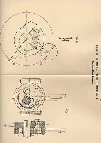 Original Patentschrift - C. Körner in Dietrichsdorf - Kiel , 1897 , Dampfmaschinen - Steuerung !!!