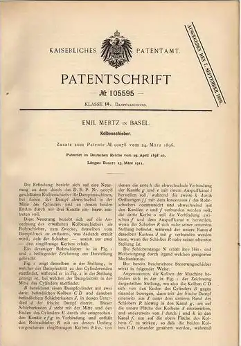 Original Patentschrift - E. Mertz in Basel , 1898 , Kolbenschieber für Dampfmaschine !!!