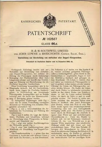 Original Patentschrift - H&M Southwell Ltd. in Bridgnorth , Grafsch. Salop , 1902 , Herstellung von Flor - Gewebe !!!
