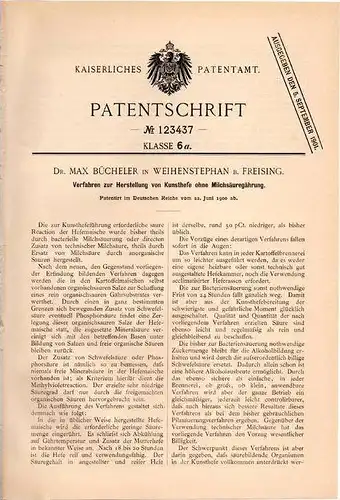 Original Patentschrift - Dr. M. Bücheler in Weihenstephan b. Freising ,1900, Kunsthefe ohne Gährung v. Milchsäure , Hefe