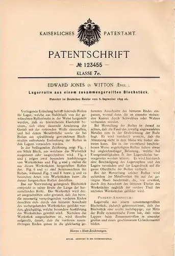 Original Patentschrift - E. Jones in Witton , 1899 , Lagerrolle aus gerolltem Blech !!!