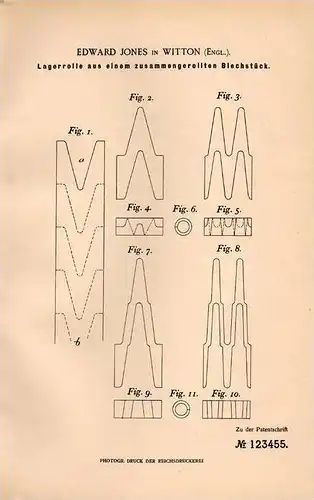 Original Patentschrift - E. Jones in Witton , 1899 , Lagerrolle aus gerolltem Blech !!!