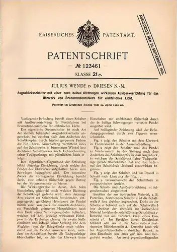 Original Patentschrift - J. Wende in Driesen / Drezdenko , 1900 , Schalter für Uhrwerk , Licht , Leuchter , Neumark !!!