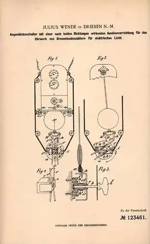 Original Patentschrift - J. Wende in Driesen / Drezdenko , 1900 , Schalter für Uhrwerk , Licht , Leuchter , Neumark !!!