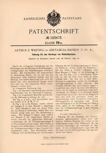 Original Patentschrift - A. Whiting in Ashtabula Harbor , USA , 1899 , Schachtpumpe , Pumpe !!!