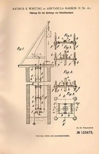 Original Patentschrift - A. Whiting in Ashtabula Harbor , USA , 1899 , Schachtpumpe , Pumpe !!!