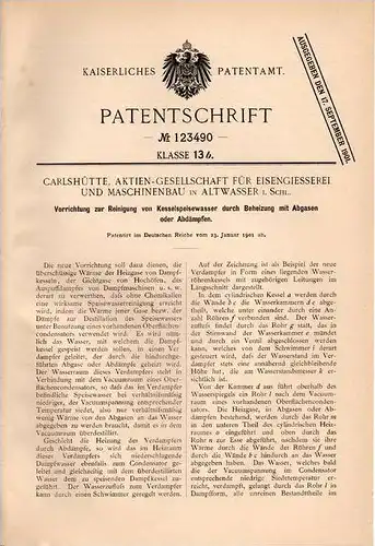 Original Patentschrift - Carlshütte AG in Altwasser i. Schl. , 1901 , Dampfmaschinen - Reinigungsapparat !!!
