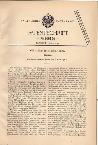 Original Patentschrift - W. Mayer in Nürnberg , 1898 , Kühlraum , Eisraum , Kühlschrank , Kühlhaus !!!