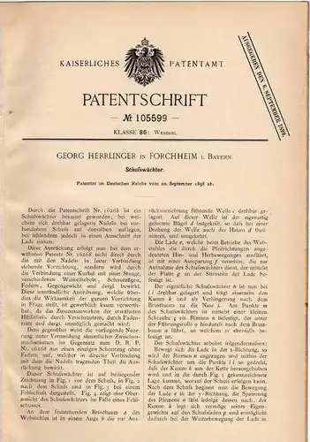 Original Patentschrift - G. Herrlinger in Forchheim i. Bayern , 1898 , Schußwächter , Weberei , Weber !!!