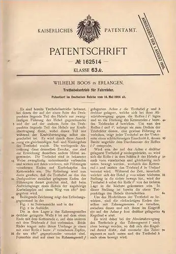 Original Patentschrift - W. Boos in Erlangen , 1904 , Trethebelantrieb für Fahrrad !!!