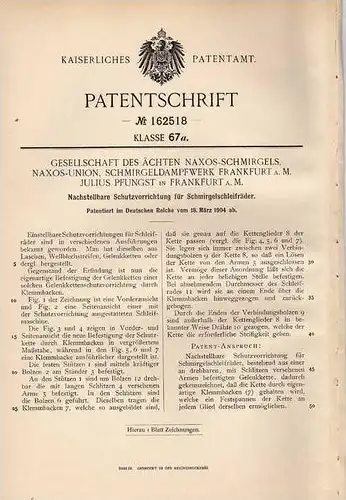 Original Patentschrift - Schmirgeldampfwerk , Naxos - Union in Frankfurt a.M., 1904, Schutz für Schmirgelschleifräder !!