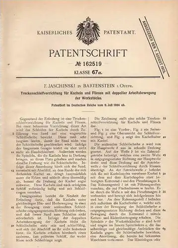 Original Patentschrift - T. Jaschinski in Bartenstein / Bartoszyce i. Ostpr., 1904 , Schleifapparat für Fliesen !!!