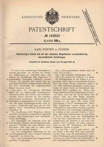 Original Patentschrift - Karl Porten in Zürich , 1904 , mehrtouriges Schloß , Zahlenschloß !!!