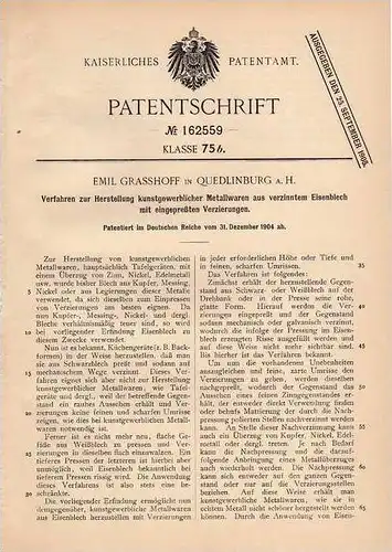 Original Patentschrift - E. Grasshoff in Quedlinburg a.H. , 1904 , Kunstblech mit Verzierungen , Zinn !!!
