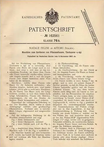 Original Patentschrift - N. Figini in Affori , 1903 , Maschine für Pflanzenfasern und Tierhaare !!!
