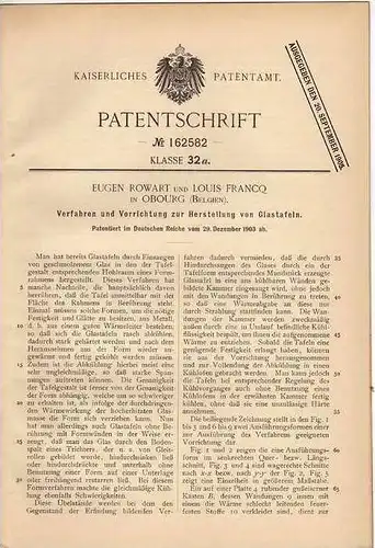 Original Patentschrift - E. Rowart in Obourg , 1903 , Tafeln aus Glas , Glastafel !!!