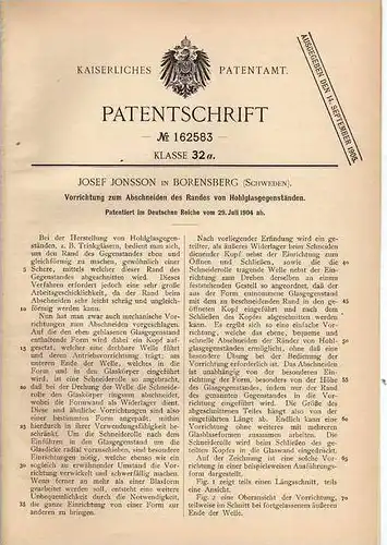 Original Patentschrift - J. Jonsson in Borensberg , Schweden , 1904 , Randabschneider für Glas , Glaswerk !!!