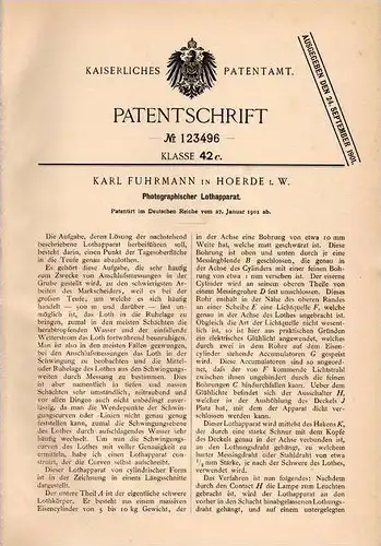 Original Patentschrift - K. Fuhrmann in Hoerde i.W., 1901 , Photographischer Lothapparat !!!