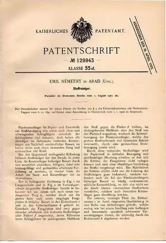 Original Patentschrift - E. Némethy in Arad , Ungarn , 1901,  Apparat zur Reinigung von Papier- und Faserstoff , Stoff !