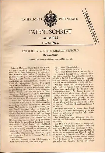 Original Patentschrift - Energie GmbH in Charlottenburg , 1900 , Aufkleber für Inventar , Marken !!!