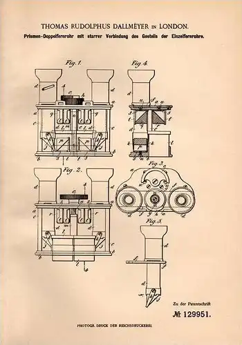 Original Patentschrift - Prismen- Doppelfernrohr , Fernrohr , 1901 , T. Dallmeyer in London , Fernglas , Fernstecher !!!