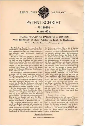 Original Patentschrift - Prismen- Doppelfernrohr , Fernrohr , 1901 , T. Dallmeyer in London , Fernglas , Fernstecher !!!