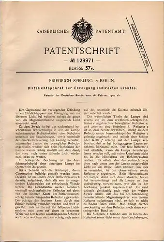 Original Patentschrift - F. Sperling in Berlin , 1900 , Apparat für Blitzlicht , Blitz , Photographie !!!