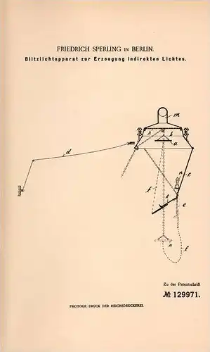 Original Patentschrift - F. Sperling in Berlin , 1900 , Apparat für Blitzlicht , Blitz , Photographie !!!