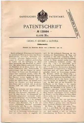 Original Patentschrift -G. Krohn in Altona , 1900 , Zieharmonika , Akkordeon !!!