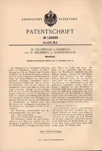 Original Patentschrift - H. Malmberg in Hammerbrook , 1901 , Waschbrett !!!