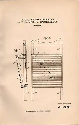 Original Patentschrift - H. Malmberg in Hammerbrook , 1901 , Waschbrett !!!