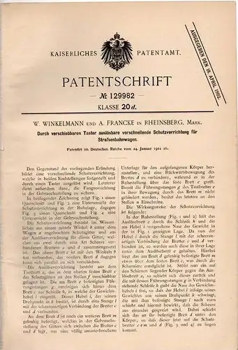 Original Patentschrift - W. Winkelmann in Rheinsberg , 1901 , Schutzapparat für Straßenbahn , Eisenbahn !!!