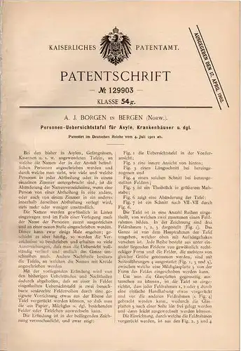 Original Patentschrift - A.J. Borgen in Bergen , Norwegen , 1901 ,Tafel für Asyle und Krankenhaus !!!