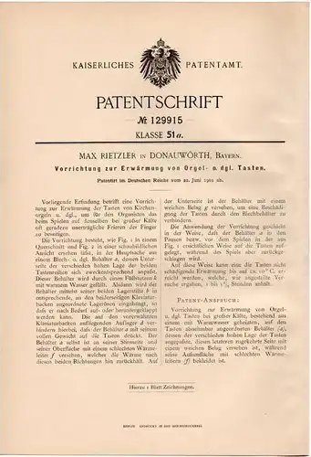 Original Patentschrift - M. Rietzler in Donauwörth , Bayern , 1901 , Erwärmer für Orgel - Tasten , Klavier , Piano !!!