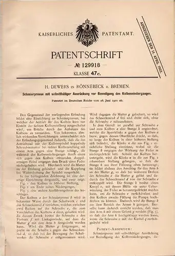 Original Patentschrift - H. Dewers in Rönnebeck b. Bremen , 1901 , Schmierpresse !!!