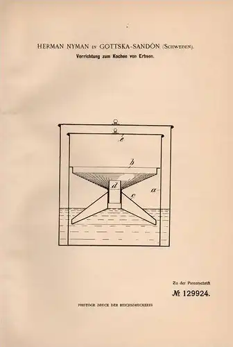 Original Patentschrift - H. Nyman in Gottska - Sandön , 1901 , Kocher für Erbsen , Gotska Sandön !!!