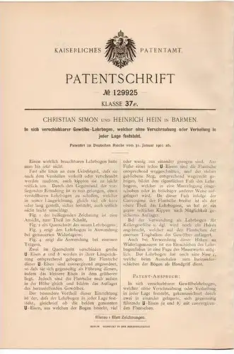 Original Patentschrift - Ch. Simon in Barmen , 1901 , Gewölbe - Lehrbogen ohne Verschraubung !!!