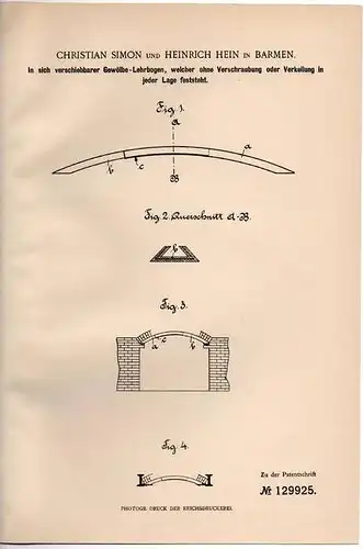 Original Patentschrift - Ch. Simon in Barmen , 1901 , Gewölbe - Lehrbogen ohne Verschraubung !!!