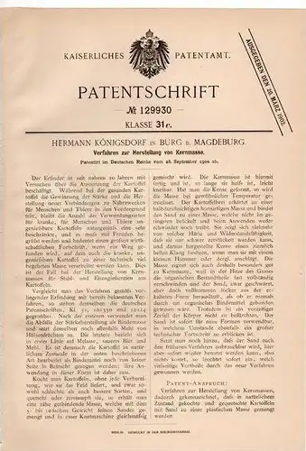 Original Patentschrift - H. Königsdorf in Burg b. Magdeburg , 1900 , Herstellung von Kernmasse !!!