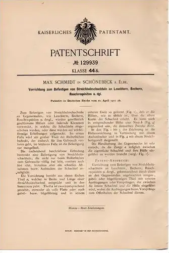 Original Patentschrift - M. Schmidt in Schönebeck a. Elbe , 1901 , Befestigung für Streichholzschachtel , Streichhölzer