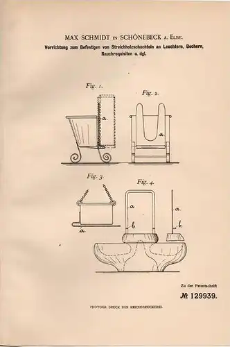 Original Patentschrift - M. Schmidt in Schönebeck a. Elbe , 1901 , Befestigung für Streichholzschachtel , Streichhölzer